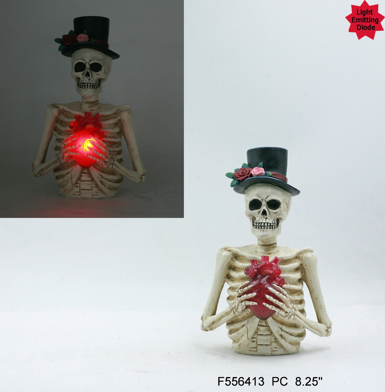Resin skeleton hold heart w led light
